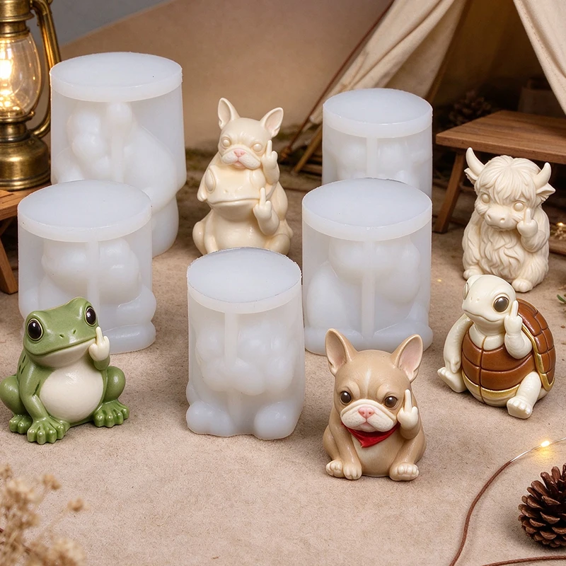 Funny Middle Finger Animal Silicone Mold French Bulldog Highland Cow Tortoise Frog Candle Aromatherapy Gypsum Craft Mold
