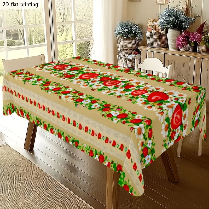 1pc Fresh Strawberry and Floral Pattern Tablecloth - A Colorful Combination of Strawberries and Flowersxzj
