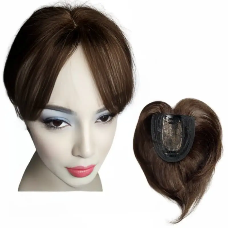 Adorno de cabello humano Real, adornos de pelo corto con Clip en flequillo para mujer, postizos rectos de parte media de 6 pulgadas, cubierta de cabello gris