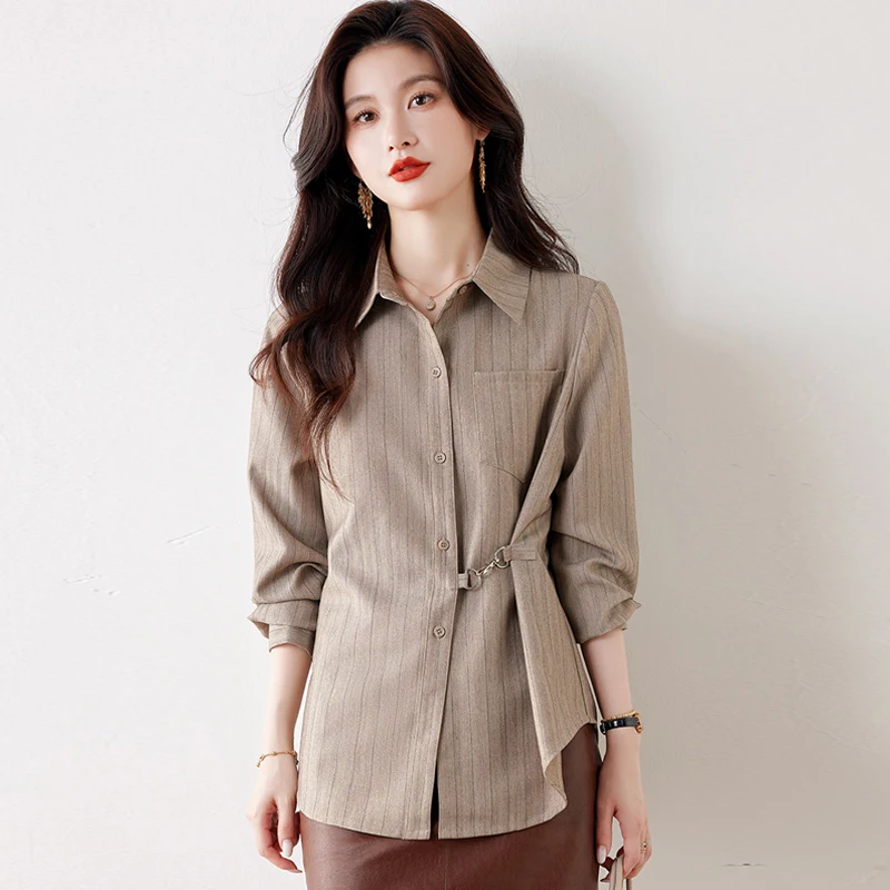 Camicetta da donna a righe manica lunga vestibilità ampia camicia stile francese con cravatta in vita top da donna streetwear moda