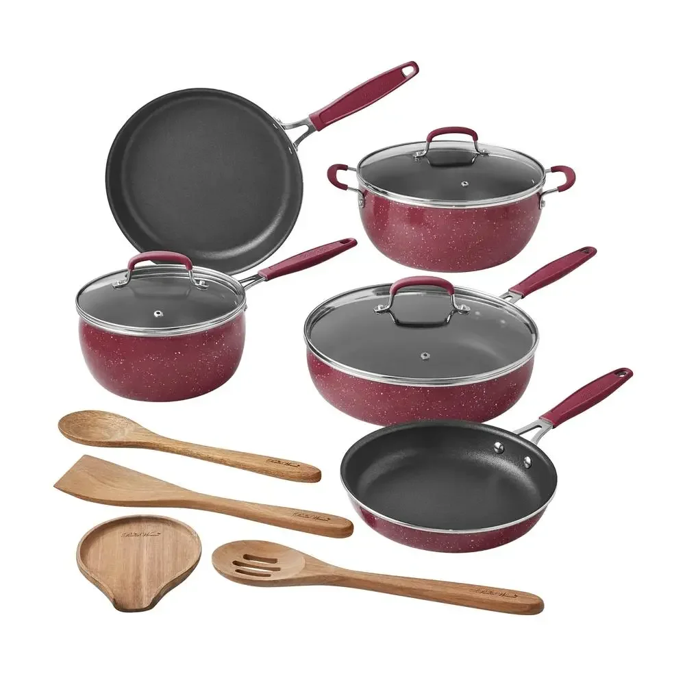 Aluminum Cookware Set 12-Piece Frontier Speckle Merlot Nonstick Glass Lids Frying Pan Sauce Pans Wood Utensils Acacia Durable