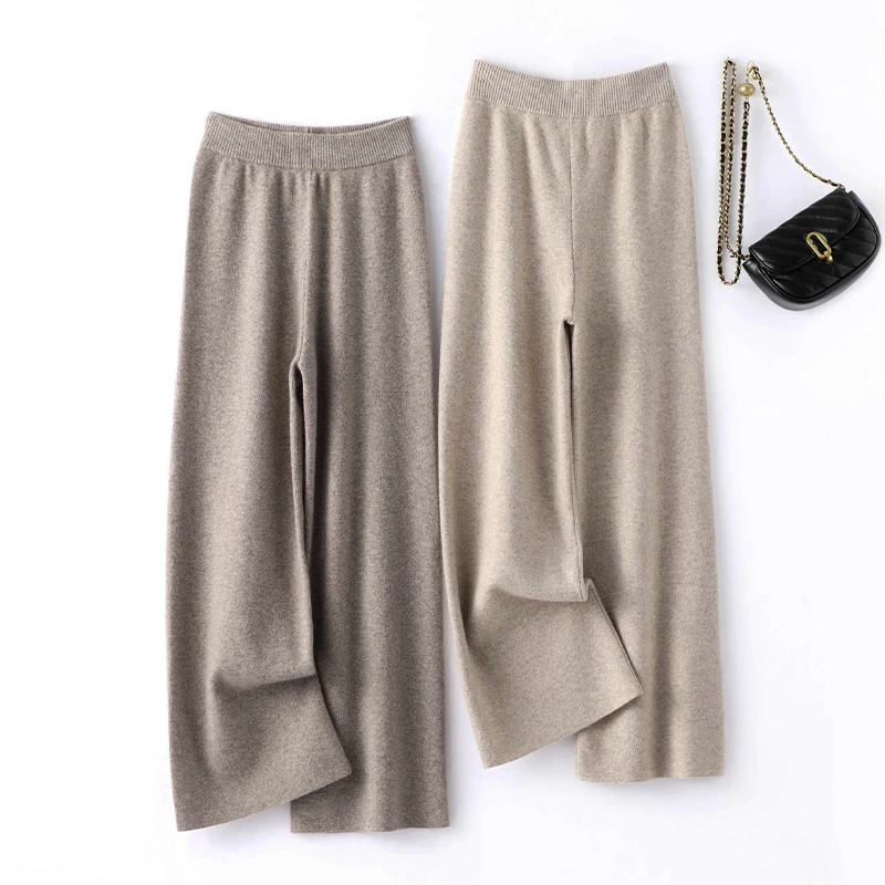 100% Cashmere Women's Pants 2025 New Collection Knitwear Female Clothes Cozy Trousers Korean Popular Winter Thick Wide Leg Pants