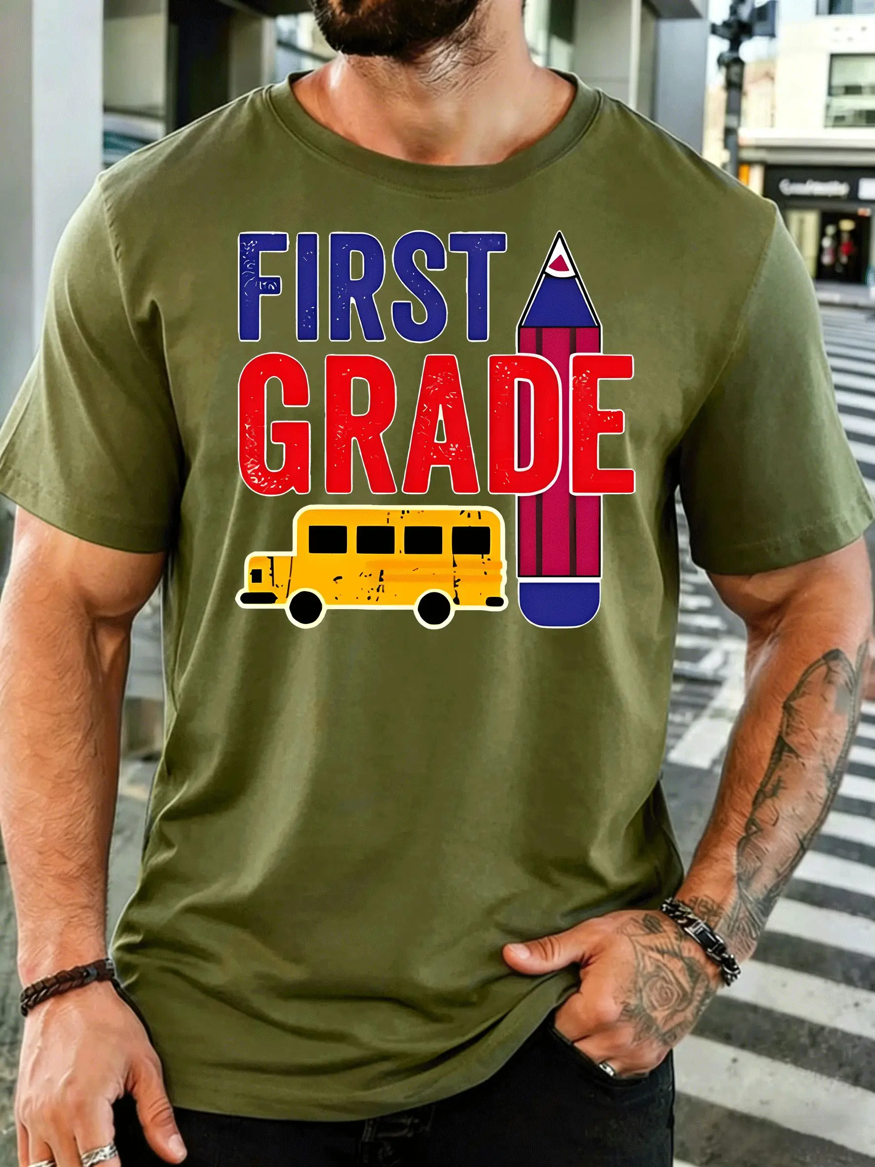 First Grade School Bus Pencil Graphic Mens Front Print T Shirt Back To School Tee Casual Short Sleeve Top Teacher Student Gift