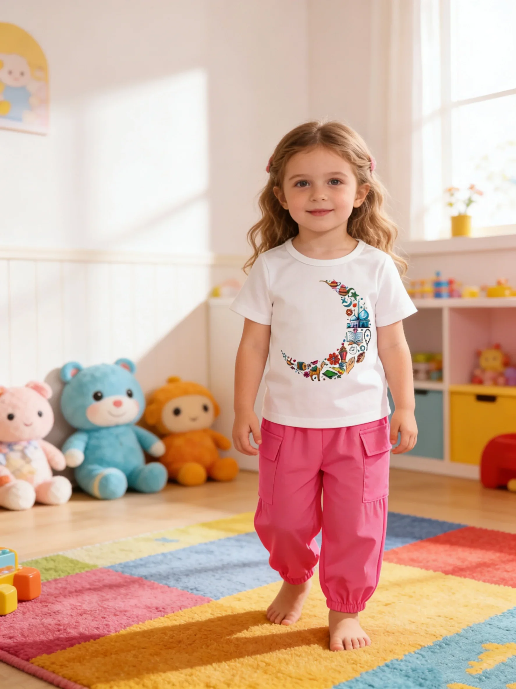 Girls Ramadan Eid 2pcs Outfit: Moon Pattern Cotton T-shirt + Pink Cargo Pants Kids Clothing Set