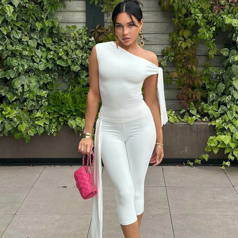 Off Shoulder Slim Pleated Fashion Cropped Top And High Waist Shorts Sets Female Skew Collar Ribbon Tank White Shorts 2 Piece Set