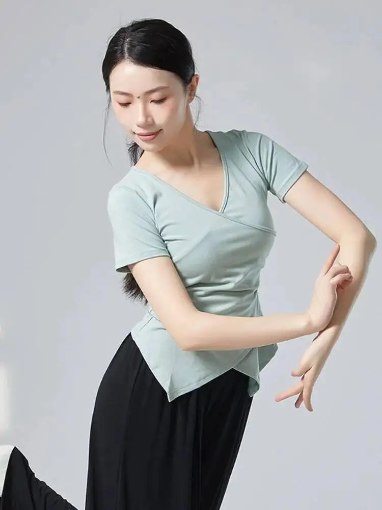 인쇄 된 짧은 소매 스플릿 밑단 슬림 피트 댄스 탑 여성용 현대 현대 재즈 서정적 무대 공연 연습 착용