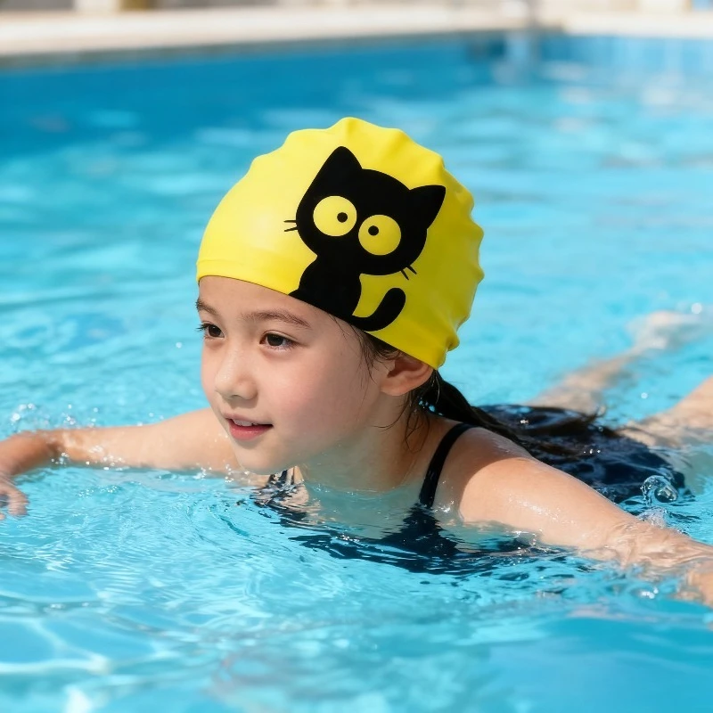 

Kids Silicone Swim Cap Black Cat Cartoon Design Waterproof Ear Protection Soft Comfortable Unisex Children Swimming