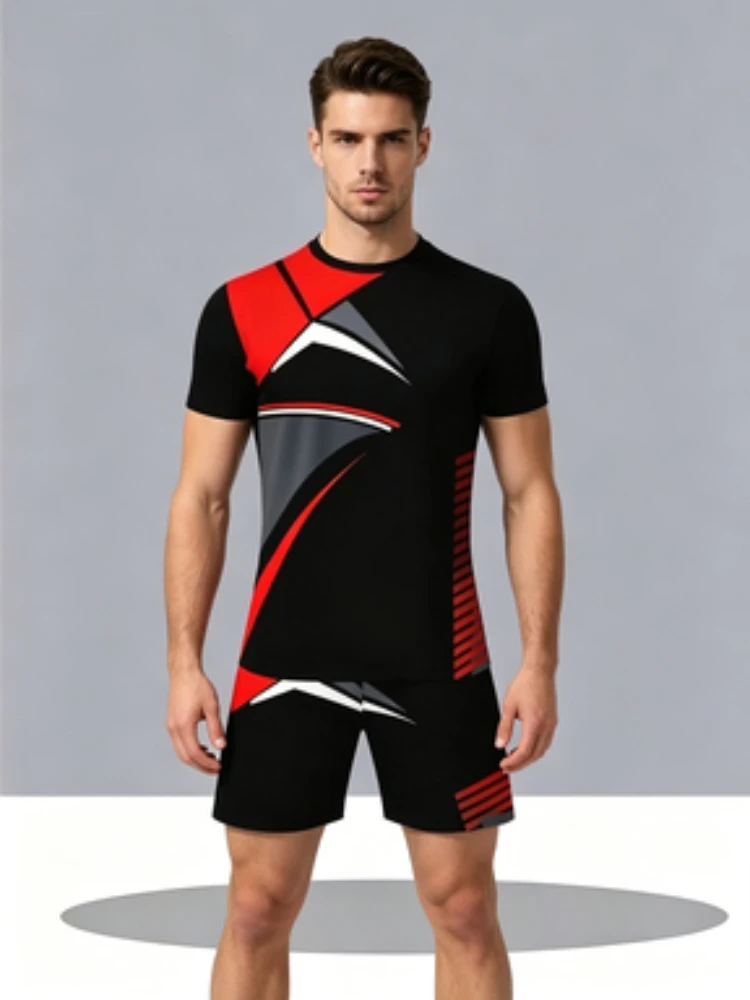 

Men's 2 Piece SportswearSetRedBlackGeometricPrint ShortSleeveT-shirt+ShortsCasualTracksuitBreathableFitnessRunningWorkoutOutfits
