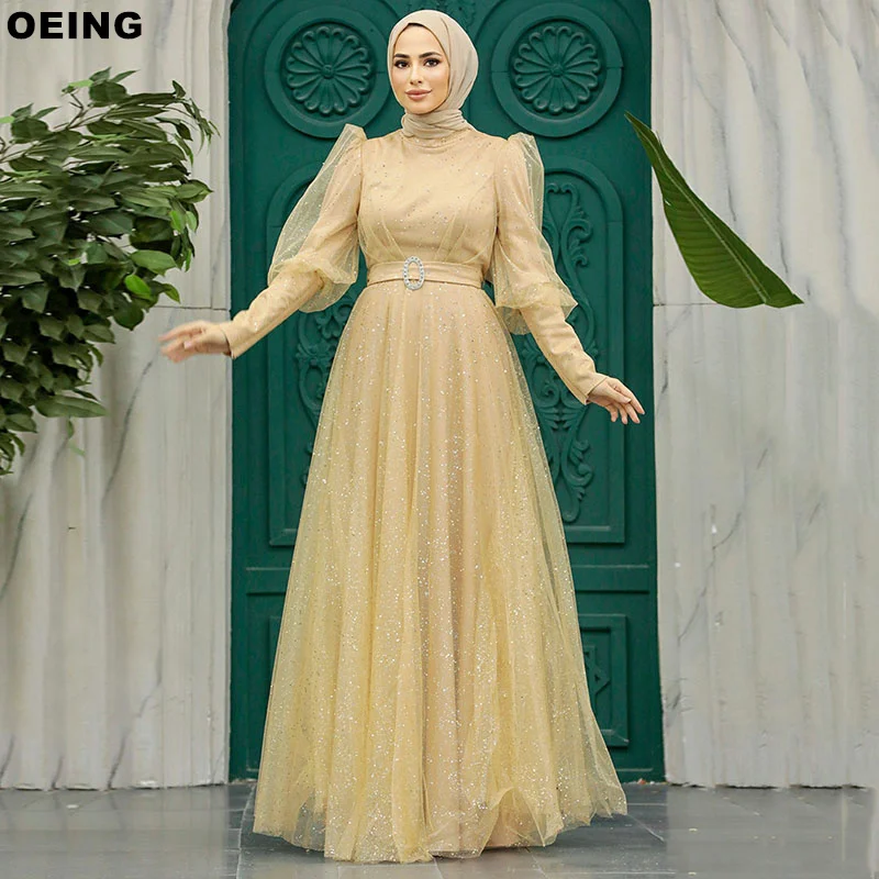 OEING Light Yellow Prom Dresses Elegant Mosque Oud Muslim Evening Dress Special Occasion Tulle Islam Gowns Vestidos De Novia