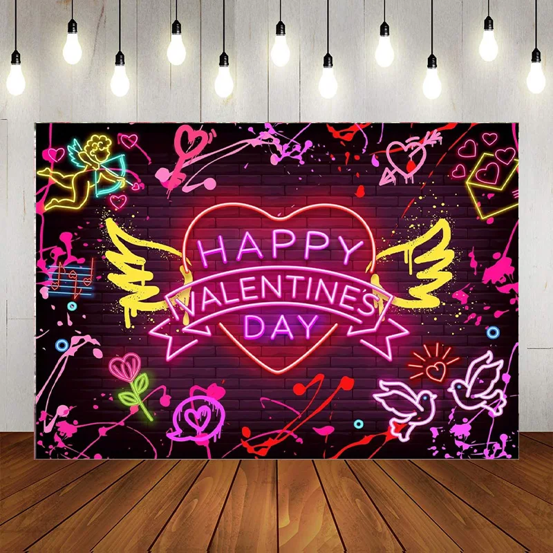 

Happy Valentine's Day Backdrop Neon Pink Heart Cute Graffiti Colorful Angel Photography Background Romantic Theme Banner