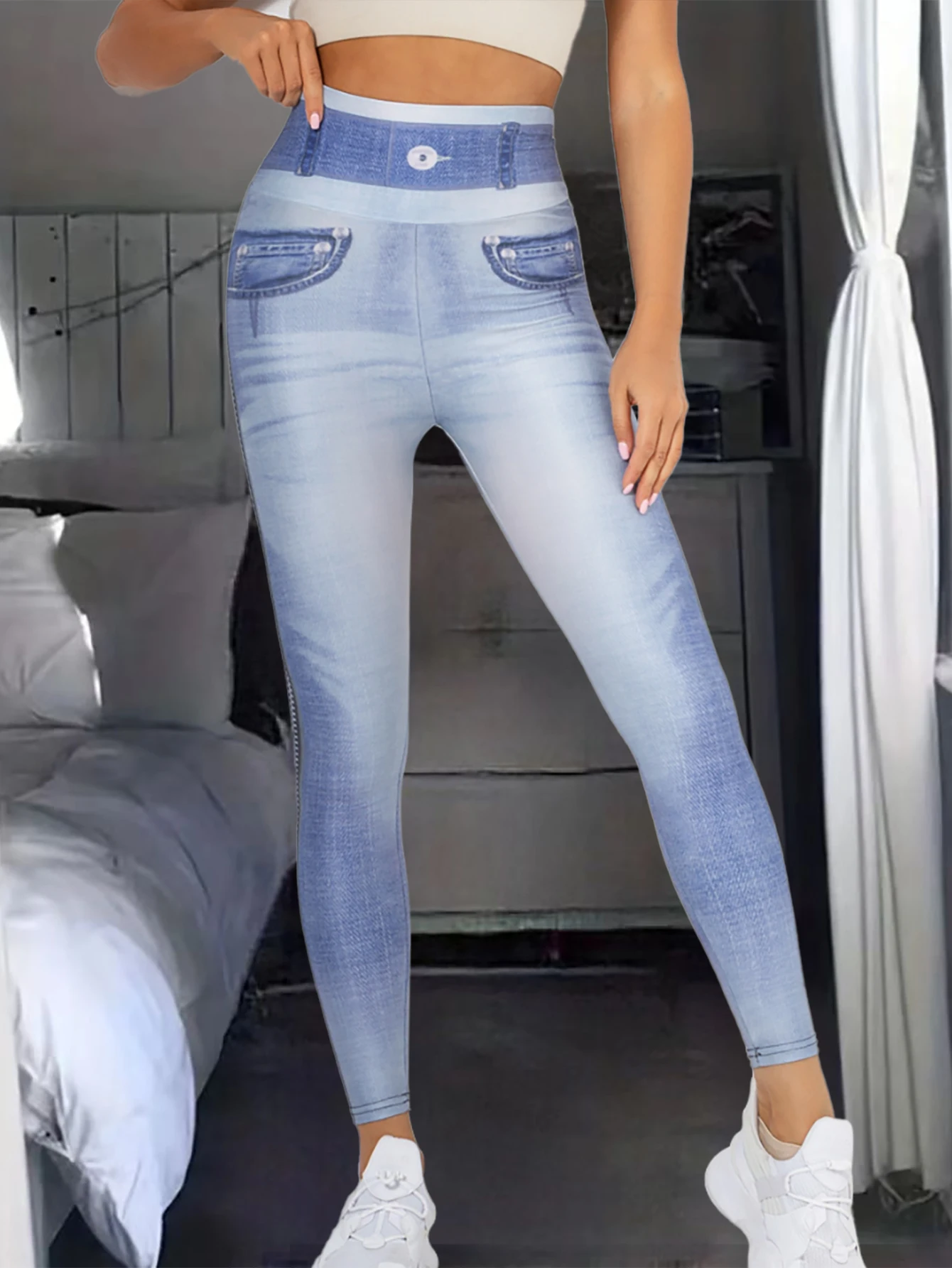 Leggings di Jeans imitazione astica pantaloni elasticizzati a vita alta da donna Fitness Slim Push Up Leggings per le donne agente di acquisto