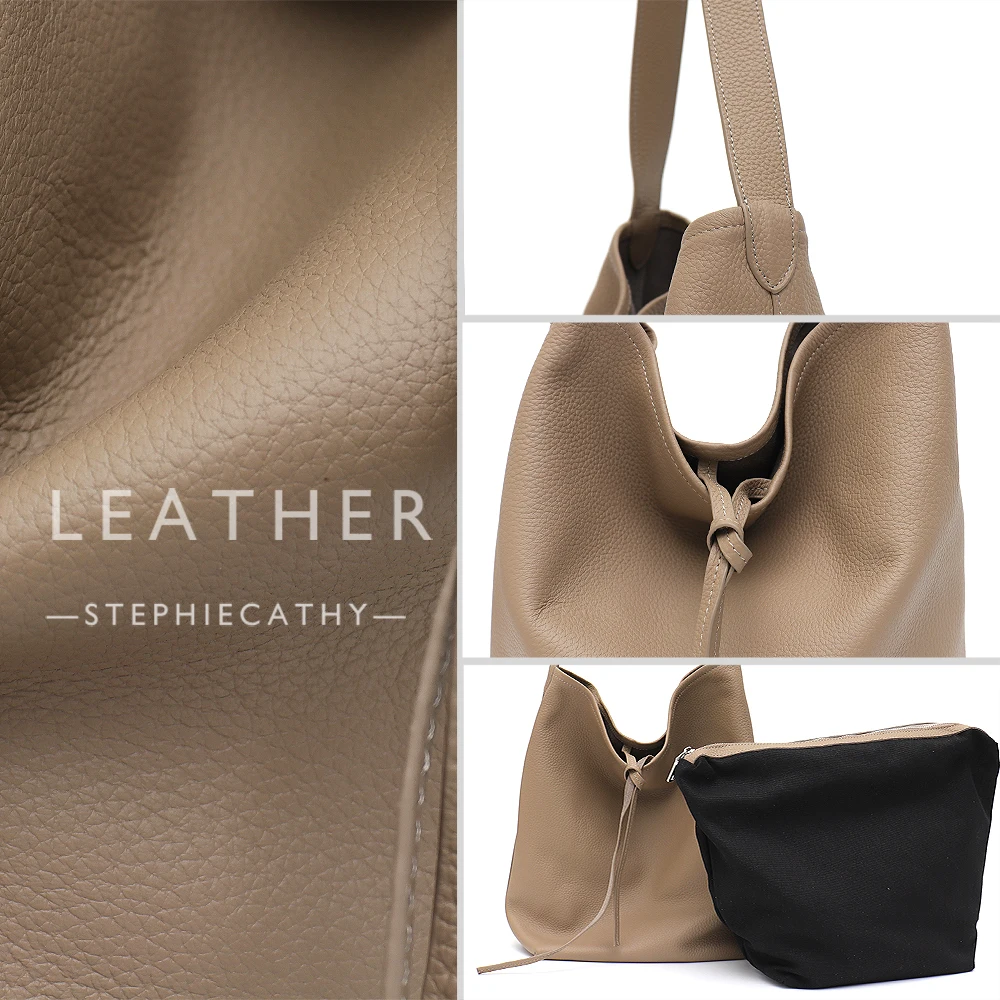 SC Natural Genuine Cow Leather Hobo Handbags Women Simple Casual Solid Color Shoulder Bag Daily Soft Slouchy Large Shopper Purse