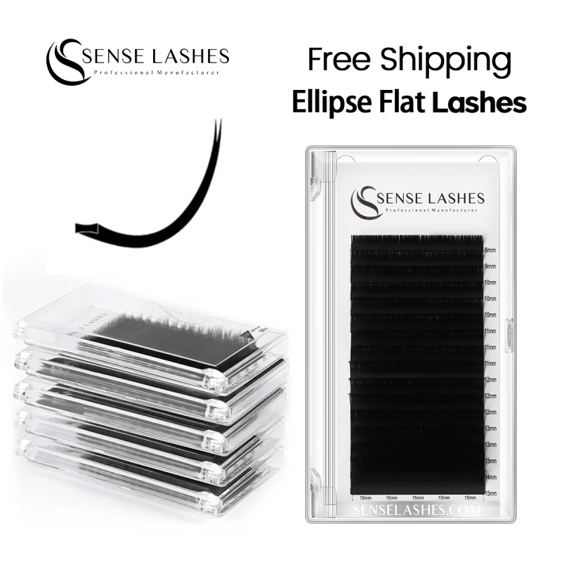 SENSE LASHES Ellipse Flat Classic Eyelash Extensions Double Tips Matte Black Super Soft Individual Lashes Faux Mink Eyelashes