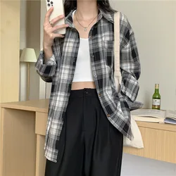 Vintage Plaid Shirts Women Harajuku Korean Loose Long Sleeve Button Tops Y2K Female Oversize Lapel Preppy All-Match Blouse