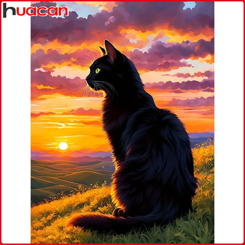 Huacan Volldiamantgemälde Katze Sonnenuntergang Diamant Mosaik Tierlandschaft Neue Kollektion Strassbilder