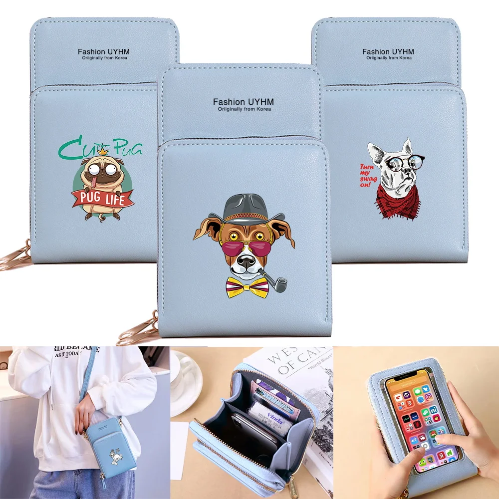 

Women Shoulder Bag Pu Leather Wallet Card Pack Touch Screen Mobile Phone Bags Female Crossbody Purse Dog Print Waterproof Purses