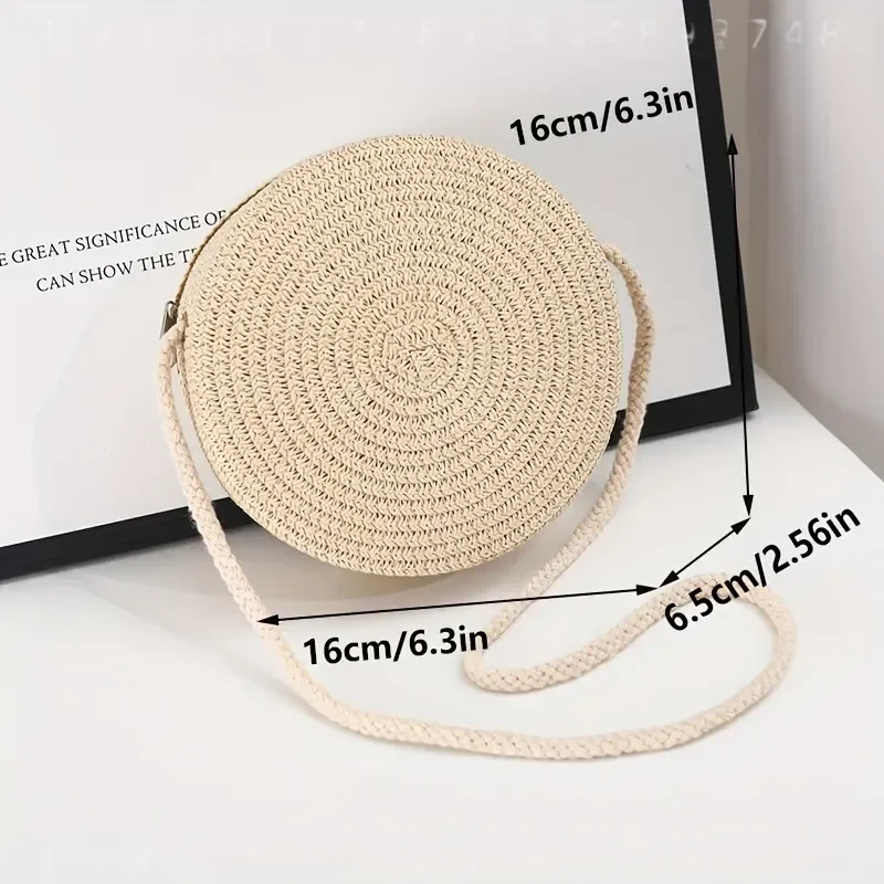 Round Woven Rattan Crossbody Bag for Women Handmade Knitted Straw Small Shoulder Beach Purse Natural Summer Holiday Accessory view 6