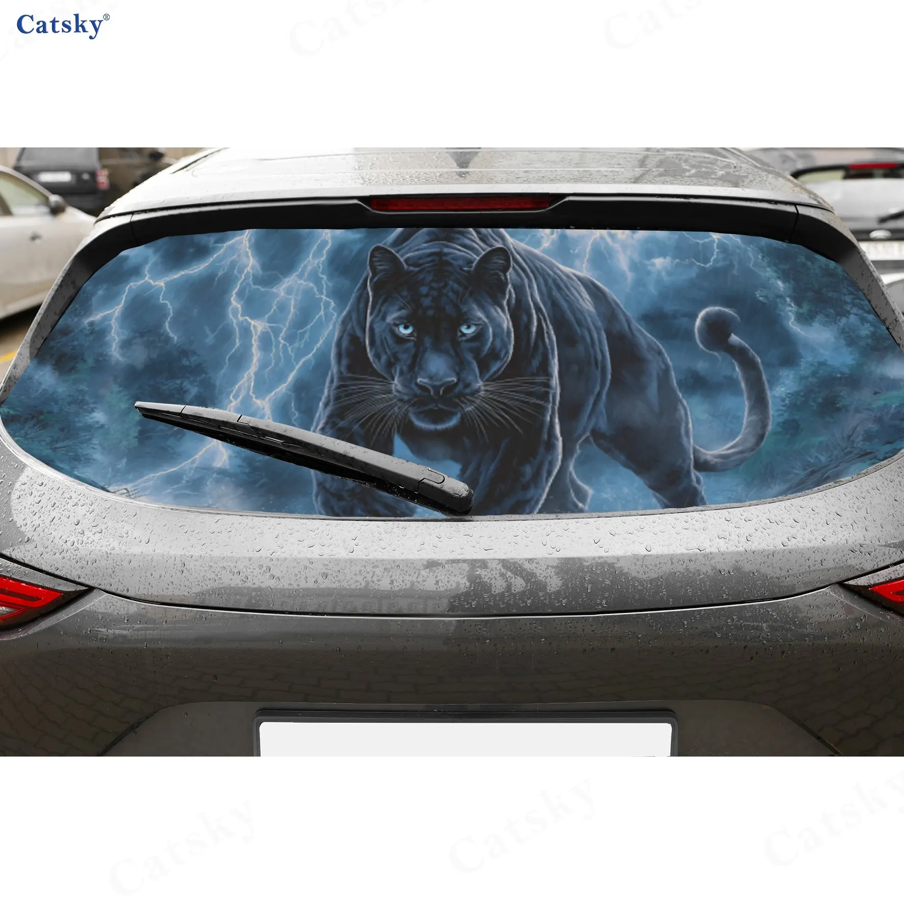 

Thunder Panther Dominance Scene PVC Perforated Car Vinyl Wraps, Durable Car Rear Windshield Sticker, Waterproof Car Rear Window