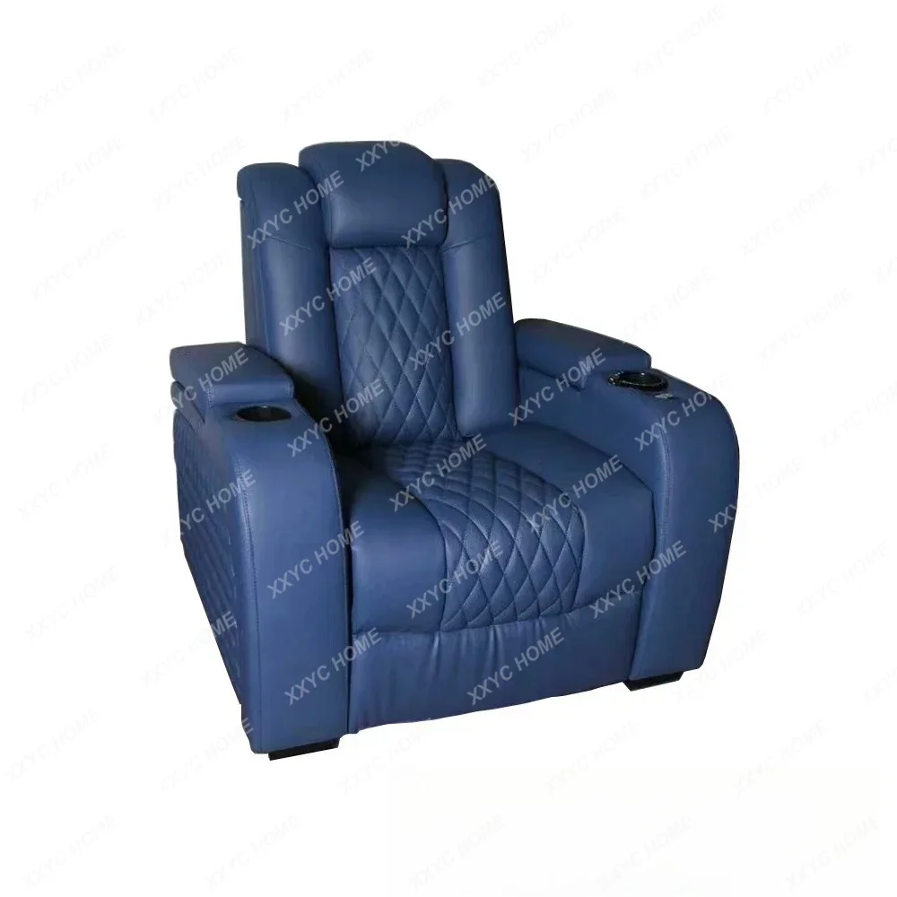 A Power Reclining Home Theater Sofa – Dual Motors Genuine Leather Electric Recliner with Massage, USB, Refridgeration Cup Hold