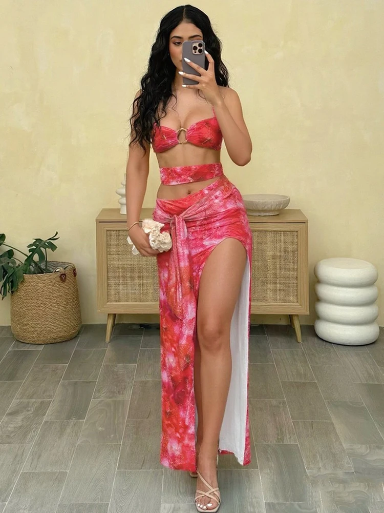 Urocza Sukienka Maxi w Kontrastowe Wzory Tie-Dye, Damska, Seksowna, z Wycięciami, Bandazami, Odkrytymi Plecami, na Ramiączkach, z Rozcięciem, Vestidos Mujer, Kokieteryjna Sukienka na Imprezę