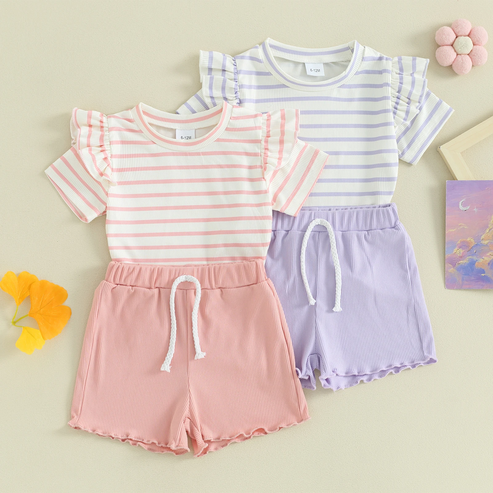 

1-4 Years Girl Kids 2 Piece Summer Set Short Sleeve Striped Round Neck Tops + Elastic Waist Shorts Outfits