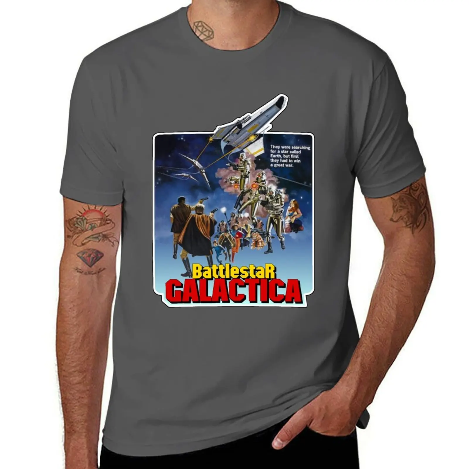 

Vintage 1978 Universal Studios Battlestar Galactica Movie Poster T-Shirt Big and Tall Gym T-Shirt