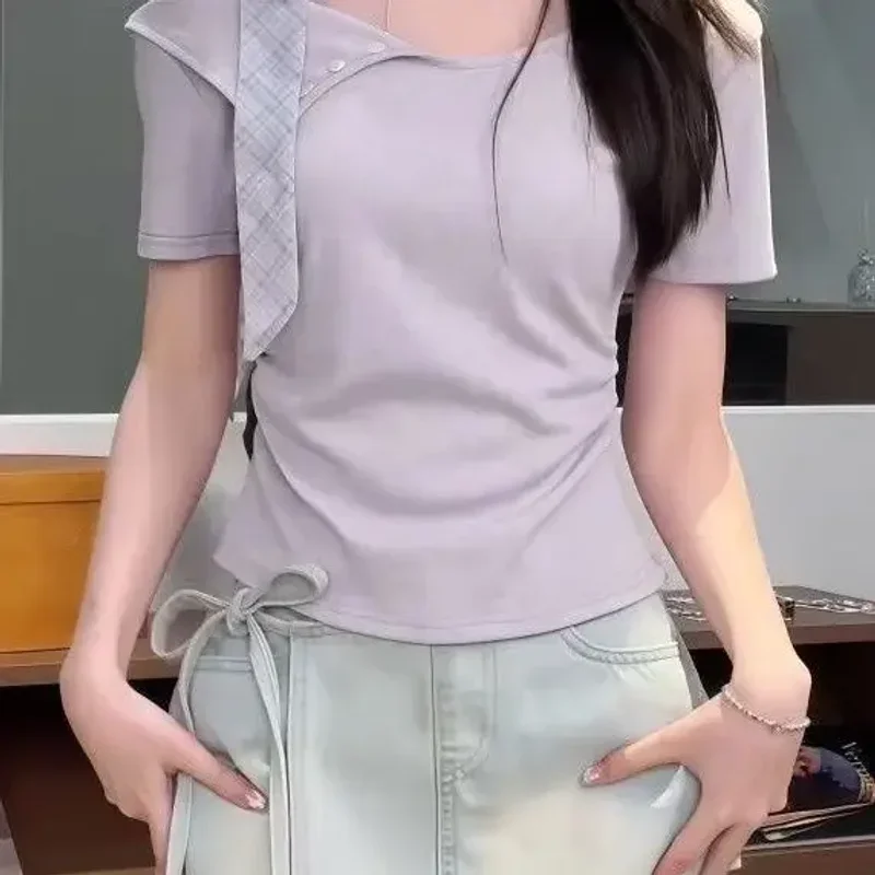 프랑스어 새로운 달콤한 불규칙한 나비 넥타이 여름 나비 티셔츠 디자인 슬림 반팔 탑