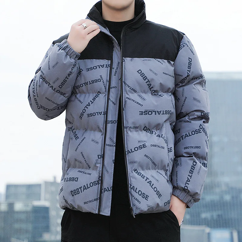 2023 New Winter Thicken Warm Down Cotton Coat Fashion Casual Splice Loose Bread Jacket Cardigan Print Male Outerwear