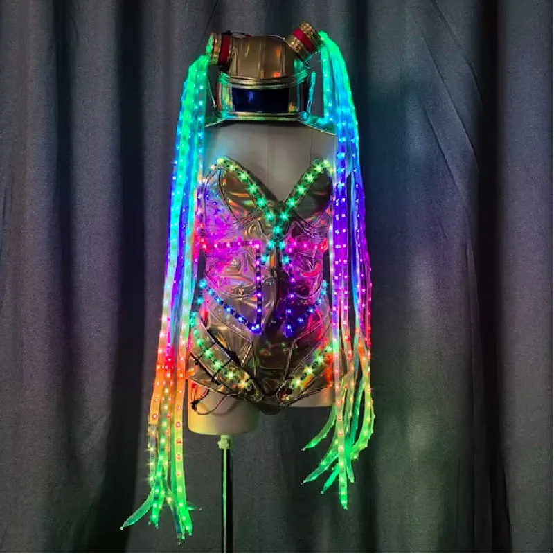 

LED Light up Jumpsuit with Braids Women's Halloween Fantasy Nightclub DJ Singer Glow Stage Outfit Cosplay Anime Club Dancer Suit