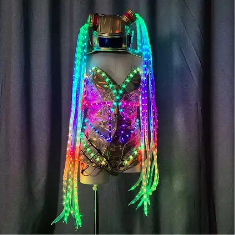 LED Rave Outfit for Women Cyber Cosplay Jumpsuit with Light up Helmet Long Braids Nightclub Stage Performance Party DJ Luminous