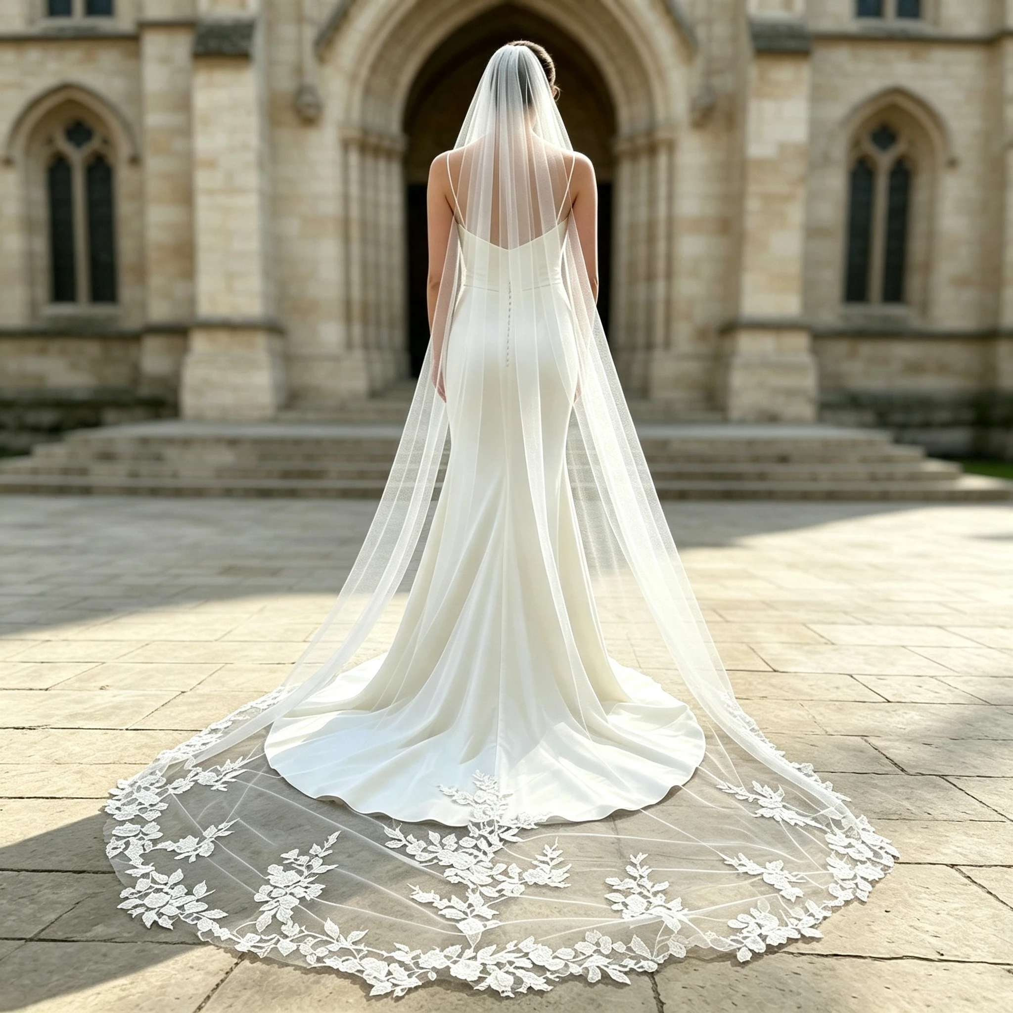 3M 350CM Long Wedding Veil Lace Edge Cathedral Bridal Veil Floral Embroidery Tulle Veil for Bride Wedding Accessories