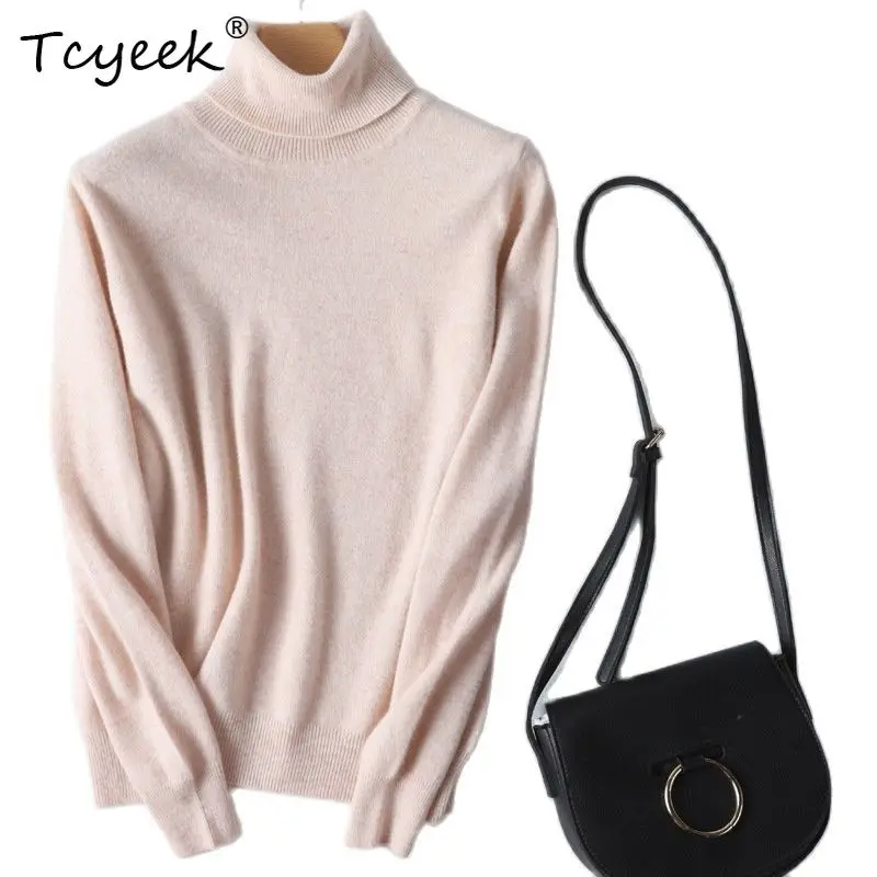 

Tcyeek 100%Pure Wool Autumn Winter Pullovers Woman Turtleneck Solid Elegant Basic Loose Knitted Sweater Undershirt T39245QM