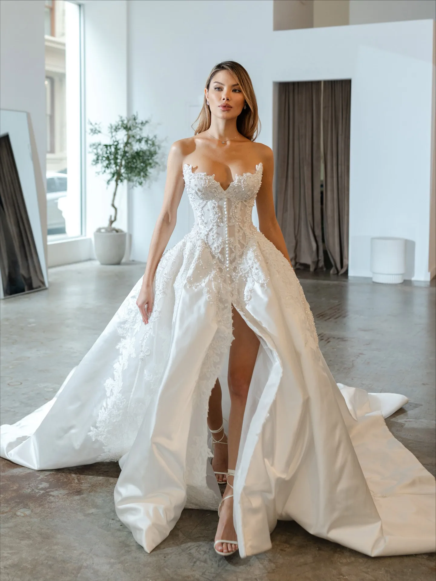 Sharon Said Elegant Pearl Sweetheart Satin Wedding Dress with High Slit Women's Formal Evening Party Bride Gown SW590 Customized