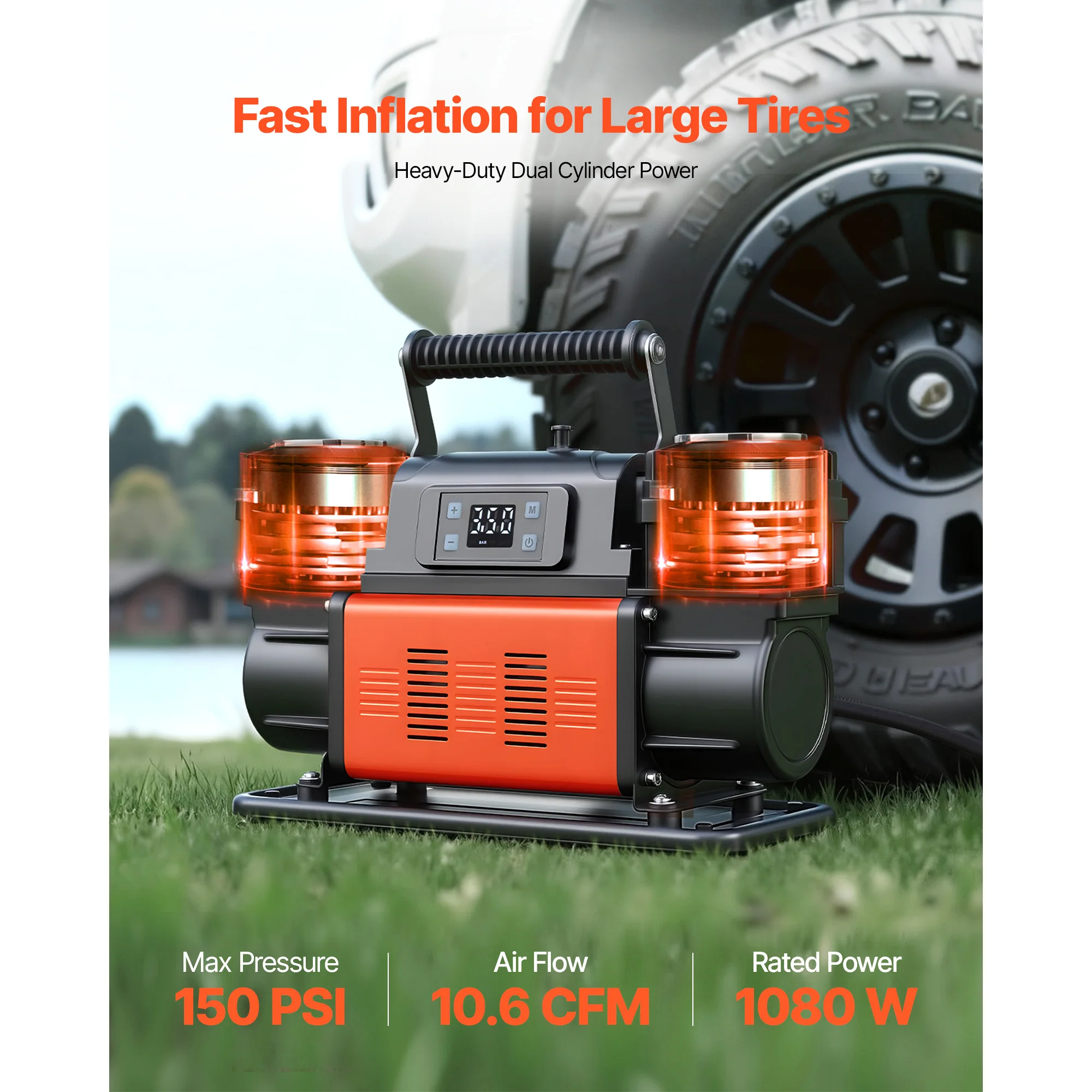 SucceBuy Dual-Cylinder Heavy Duty Air Compressor 10.6 CFM Auto-Stop Portable Tire Inflator with Adapters for Truck Car SUV RV