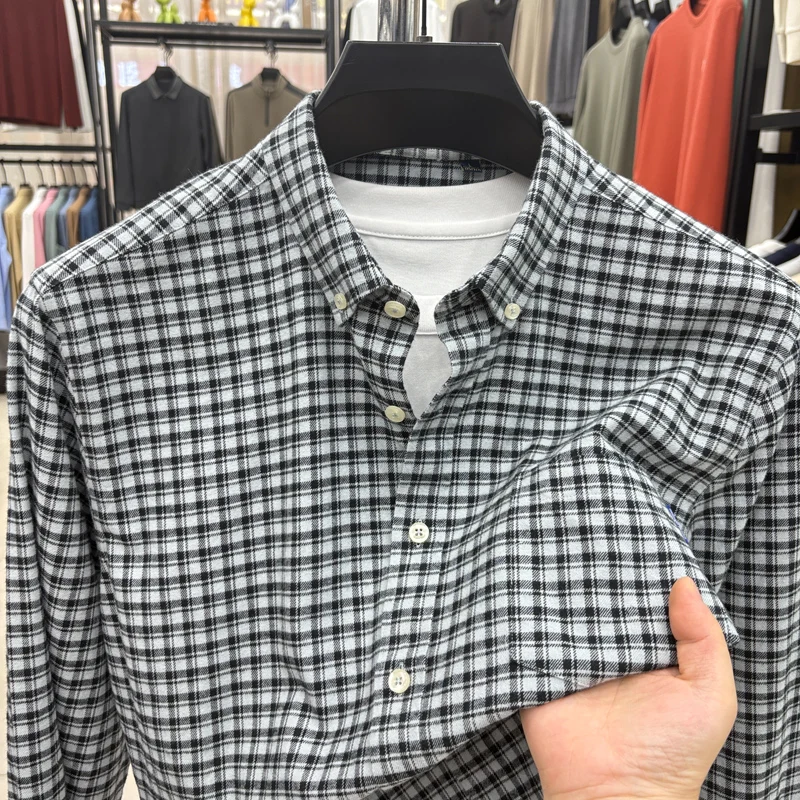 

Men's Cotton100% autumn high quality shirt sanding grid lapel pocket long sleeves leisure exquisite fashion Men's clothing tops