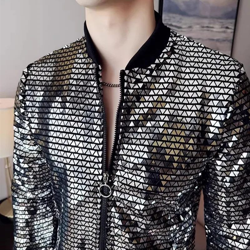 เสื้อแจ็คเก็ตคอตั้งประดับเลื่อมสีเงินสำหรับผู้ชาย เหมาะสำหรับบาร์ ร้านคาราโอเกะ และการแสดงบนเวที เสื้อโค้ทลำลอง