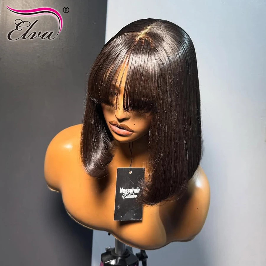 Silky Straight Bob Wig With Bangs 13X6 Transparent Lace Frontal Gluless Wig Preplucked 100% Human Hair Ready To Wear Woman Wigs