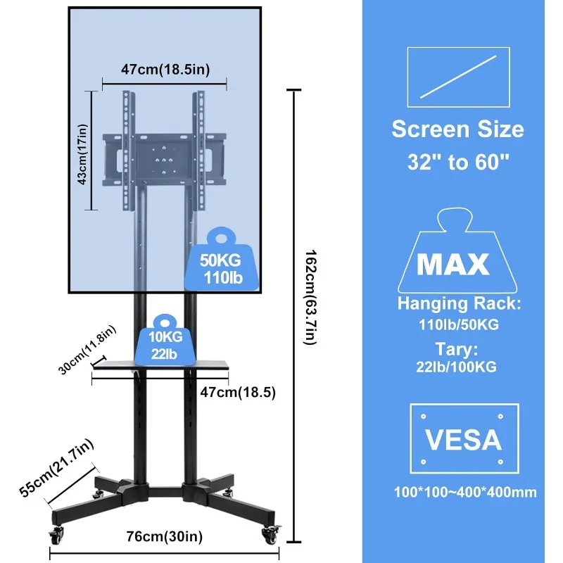 Rotating Mobile TV Cart Holds up to 110lbs,Rolling TVs Stand for 32-60 Inch, Portrait to Landscape, Heavy-Duty Floor Stand Base