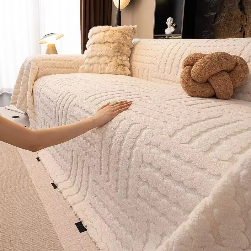 Machine Washable One-Piece Full Coverage Sofa Slipcover Thickened Flannel Fleece Sofa Blanket Full Wrap Plush Velvet Sofa Cover