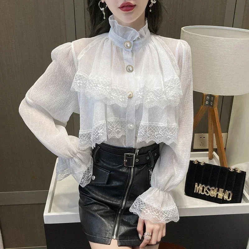 Blusa blanca de moda para mujer, camisas de gasa con cuello levantado, Blusas de encaje con volantes de manga larga Vintage, Tops 2023
