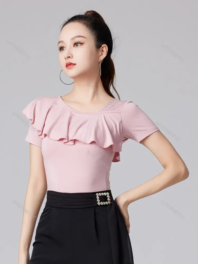 Solid Color Latin Dance Costume Evening Tops Tango Jazz Rhinestones Wear Waltz 2023 New Belly Woman Short Sleeve Ruffle T-shirt