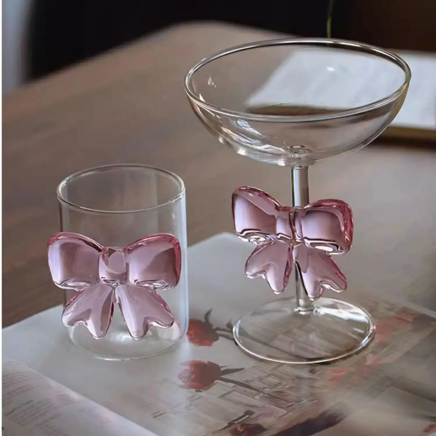 Pink large Bow Glass Decor Glass Cup Goblet Bow Handle Glasses Heat-resistant High Borosilicate Dessert Ice Cream Bowl