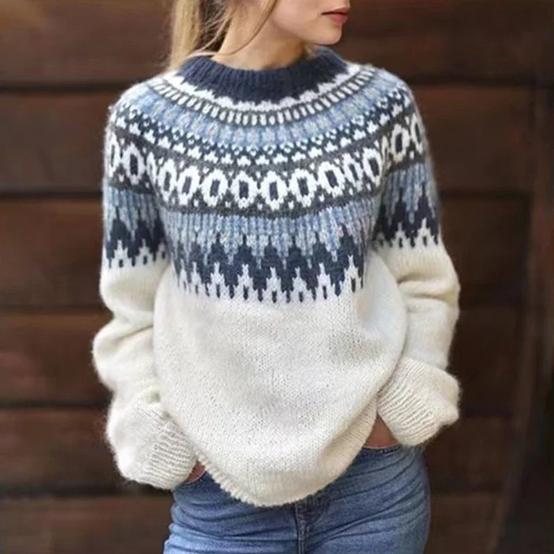 Women O Neck Rib Knitted Top Pullover Winter Long Sleeve Warm Cashmere Sweater Mujer Retro Jacquard Print Crochet Autumn Sweater