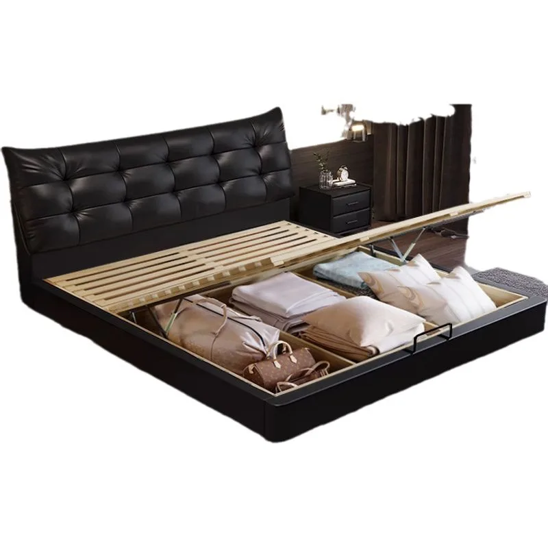 

Italian minimalist retro wind puff black leather bed household small apartment master bedroom double bed wedding bed