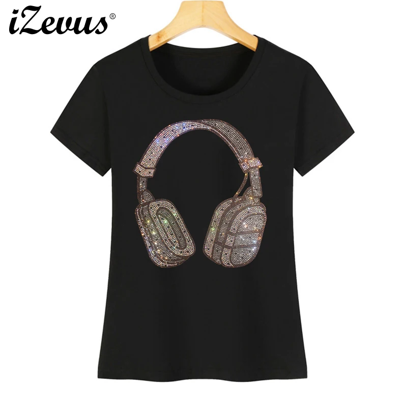 High-quality shiny diamond headphones Summer ladies short-sleeved cotton casual T-shirt S-4XL