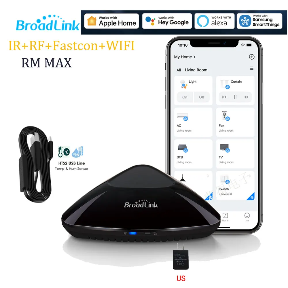 Broadlink RM MAX+ Temperatuur- en Luchtvochtigheidssensor IR RF WiFi UNIVERSELE AFSTANDSBEDIENING TV AC Smart Home Automatisering met Alexa Google
