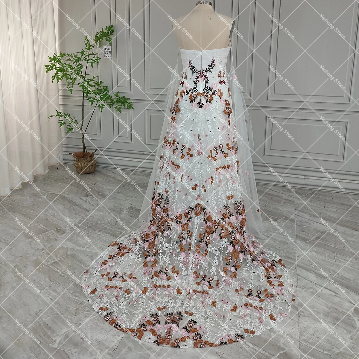 Personalizado desossado sem alças colorido bordado vestido de casamento fotos reais flor florais vestido de noiva com mangas longas batwing