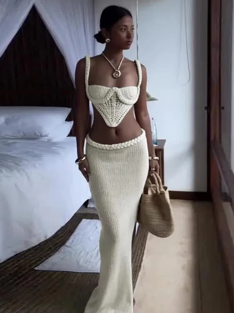 

Crochet Shirring 2 Piece Set Women Cross Bandage Backless Irregular Tops+Solid Long Skirts Vacation Beach Style Suits