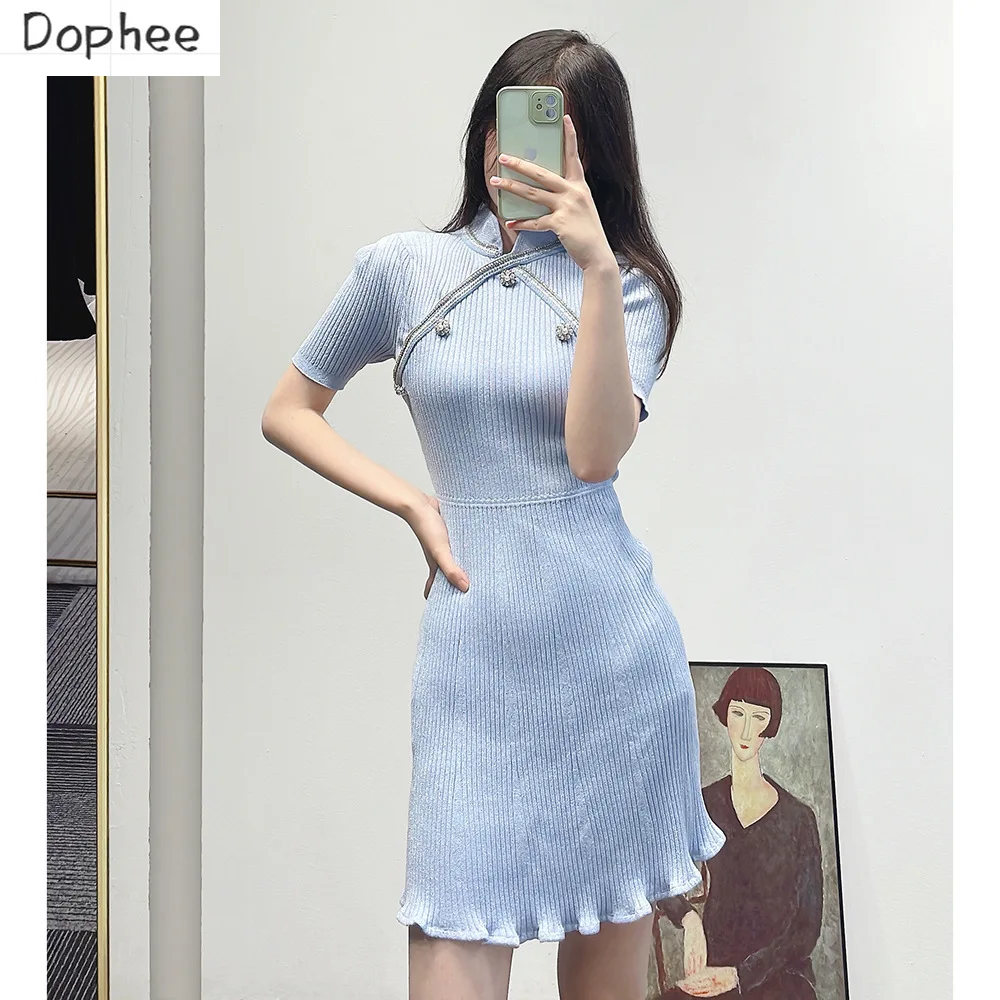 

Chinese Styles Frog Stand Collar Diamonds Beads Cheongsam Dress Elegant Slim High Waist Sky Blue Lady Knitted Fish Tail Dress