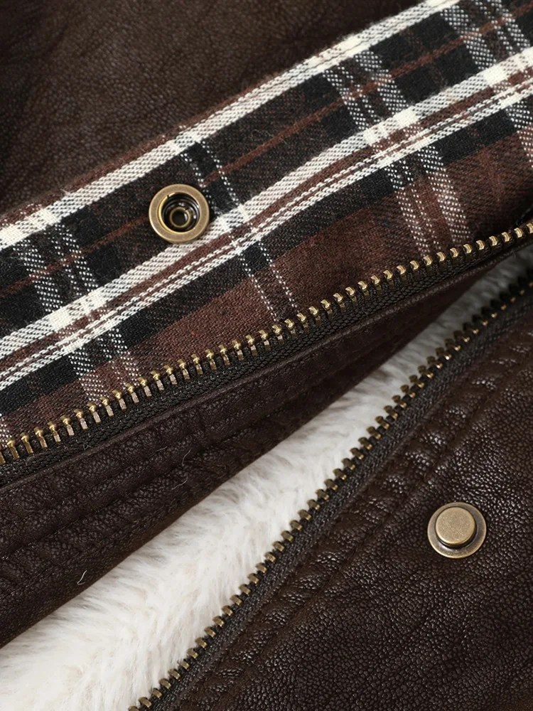 سترة نسائية من الجلد الصناعي من ZMEENNA بياقة سروال قصير مبطن وأكمام طويلة ملابس خارجية منقوشة باللون البني ZM4496 #4